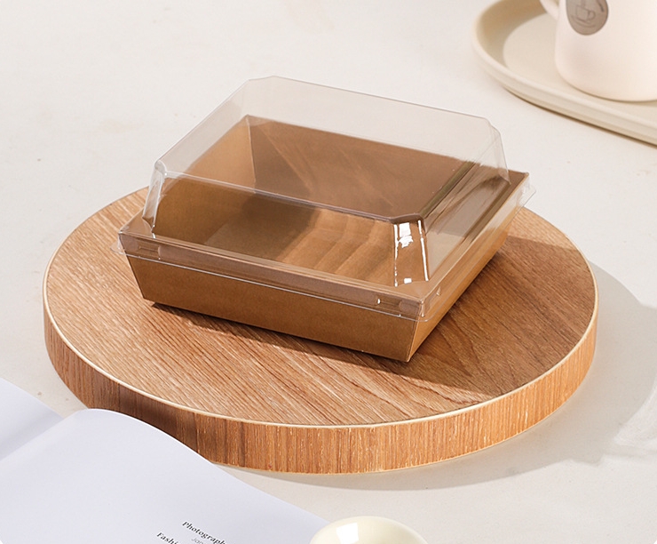 Disposable Square Kraft Paper Box with Clear Plastic Lid for Sandwich Desserts Cake Bakery Take Away for Sushi Sugar Storage