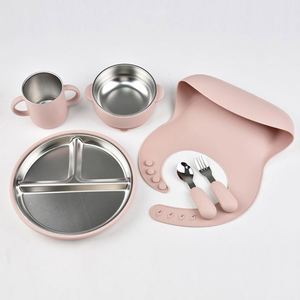 Articles pour l'autonomie alimentaire du bébé : bavoirs et ustensiles réutilisables en silicone et acier inoxydable, motifs de dessins animés, non toxiques, anti-déversement, compatibles lave-vaisselle - Product Image 1