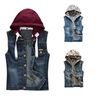Blouson Bomber en Jean Tricoté en Coton pour Homme avec Capuche, Coupe Slim Déchirée, Style Classique Décontracté, Camouflage Printemps – Vente en Gros