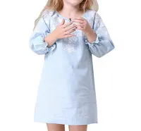 כחול מתוק רקמת מיני שמלות רכות תינוק שרוול ארוך בנות ילדים בנות בנות צוואר עגול ילדי בגדי שמלת בנות STb-0940