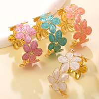 Gelang Manset Bunga Tetesan Minyak Terbuka Warna Pink Baja Tahan Karat Warna Emas Perhiasan Fashion Wanita Hadiah