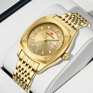 Montre de luxe pour homme en or, boîtier carré, bracelet tressé, mouvement à quartz, avec affichage jour et date, montre de cérémonie et d'affaires - Product Image 3