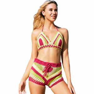 Wholesale 2024 New Arrival Sexy Fashion Hand Crochet Bikini Set Multi Color Knitted Rainbow Striped Ladies' Hand Made Swimwear