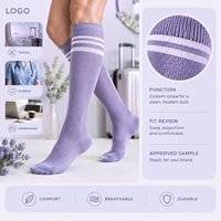 Chaussettes de compression violet lavande à compression graduée pour mollets, avec tableau de mesure, manchette plus large, bout plat, échantillon approuvé, couleur