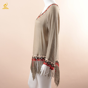 Europe et les états-unis nouvelle main crochet couture frange jupe de plage lâche crème solaire Blouse col en v femmes couvrir robe - Product Image 4