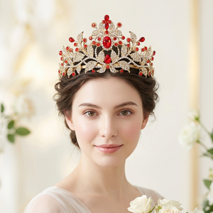 Diadème de Mariage Doré Botanique de Luxe, Couronne Nuptiale Ornée de Feuilles, Peignes Intégrés, Couronne de Concours Scintillante en Cristal pour Quinceañera - Product Image 1