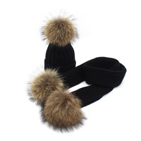Écharpe tricotée pour bébés filles, couleur unie, avec pompons en fourrure de raton laveur, 100 % polyester, collection automne-hiver
