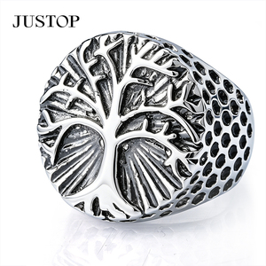 Bague Cocktail JUSTOP pour Homme en Acier Inoxydable Motif Arbre, Plaqué Argent Vieilli, Style Punk, Bijou Quotidien 2,4 cm - Product Image 2