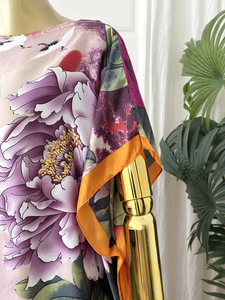 Robe longue ample et légère en soie artificielle, style kaftan, imprimé floral vintage, pour l'automne et l'été, grande taille, ensemble deux pièces pour les vacances - Product Image 4