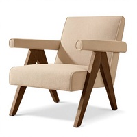 Fauteuil lounge moderne artisanal avec pieds en V inversé et finition en bois subtilement effiloché, meubles en bois pour salon