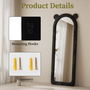 Espejo de suelo con forma de oso cubierto de terciopelo negro, estilo lindo y minimalista, adecuado para dormitorios y salas de estar de niños. - Product Image 6