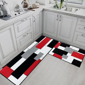 <span class=keywords><strong>Tapis</strong></span> de <span class=keywords><strong>cuisine</strong></span> géométriques rouges en polyester rembourrés, antidérapants, lavables, adaptés aux animaux domestiques, réversibles, ensemble moderne, antimicrobien - Product Image 1