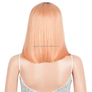 Blond Synthetic Lace Wig Straight Short Bob Ombre Pink Blue Color Middle Part Lace Wigs Heat Resistant For Black Women
