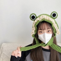 Bandeau de cheveux jacquard à motif grenouille aux grands yeux pour femme, avec boutons, protège-oreilles, mignon et tendance pour l'hiver et les voyages, style bonnet.