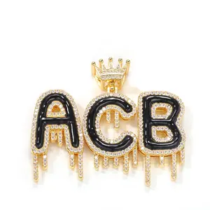 2022 Mens Oil Drop Charms Zircon Hip Hop Gold Silver Custom Iced Out Crown Letter Name Alphabet Plated Chain Pendants Necklaces
