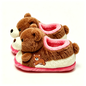 Customized Cute <b>Bear</b> Plush Slippers With Embroidered Design <b>Pink</b> And Brown Unisex Indoor Wear - Product Image 5