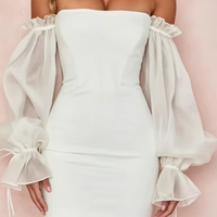 Robe mini élégante décontractée blanche à épaules dénudées, manches trois quarts, coupe ajustée, sexy, plissée, tenue de soirée pour femme