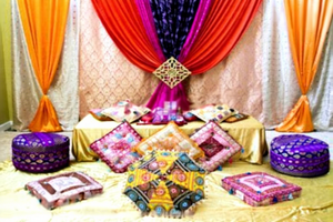 Wedding Mehndi Ceremony Wooden Moroccan <b>Bed</b> Set Traditional Wooden Moroccan <b>Bed</b> Set With Colorful Fabric Drapes For Mehndi Stage - Product Image 4
