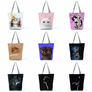 Özelleştirilebilir kadın Tote 2022 Trend 3d kedi baskı siyah Kawaii çanta moda sevimli omuzdan askili çanta yeniden taşınabilir alışveriş çantaları