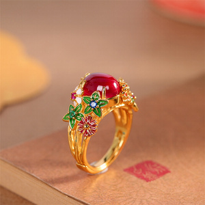 BOCAI S925 anelli in <span class=keywords><strong>argento</strong></span> Sterling da donna con motivo a fiori in smalto <span class=keywords><strong>dorato</strong></span> corindone rosso naturale intarsiato stile etnico gioielli per feste - Product Image 2