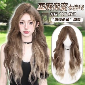 Peluca larga y rizada de lino con degradado y flequillo lateral, línea de cabello natural, peluca completa de fibra sintética Kanekalon para mujeres - Product Image 3