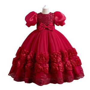Robe de princesse élégante pour filles pour les fêtes d'été, manches bouffantes mignonnes avec jupe florale, tissu en taffetas, ODM, groupe d'âge : enfants - Product Image 5