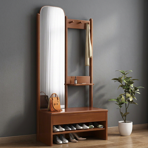 Modern Solid Wood <b>Coat</b> Rack <b>with</b> Mirror <b>Hooks</b> and <b>Shelves</b> Freestanding Entryway Storage Bench for Living Room Furniture - Product Image 4