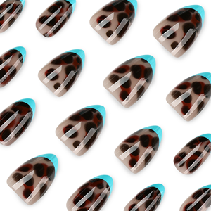 Faux ongles à presser motif léopard français bleu, imprimé animal marron, courts, ovales, pour l'été, la plage, la fête, <span class=keywords><strong>manucure</strong></span> tendance 4584 - Product Image 3