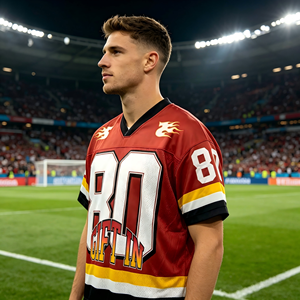 Jersey de Fútbol Americano Personalizado al por Mayor con Estampado de Llamas, Logotipo en Degradado, Malla con Parches, Estilo Retro, Cuello en V, Ropa Deportiva Casual - Product Image 2