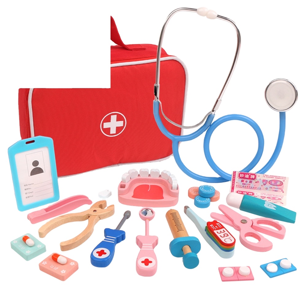 Wooden pretend to play doctor education toy children medical simulation medical chest dental examination set toy