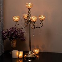 Candélabres dorés à 5 bras pour décorations de mariage, centres de table, chandeliers en métal avec support de lustre orné de perles de cristal