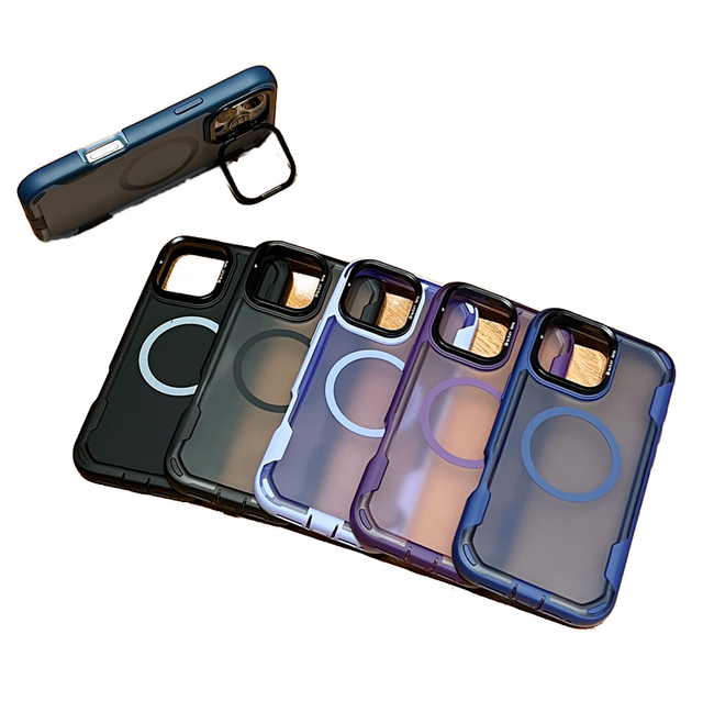 2025 New Design Magnetic Matte Electroplate Shockproof Luxury Case with Camera Frame Holder for 16 Pro Max & Plus