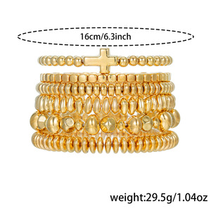 Cross Beaded Stackable <b>Bracelet</b> Set Gold Silver Elastic <b>Rope</b> Jewelry For Women Gift Geometric Design Zinc Alloy Fashion - Product Image 4