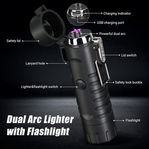 Outdoor Aluminum Alloy Waterproof <b>LED</b> Flashlight Cigarette Lighter <b>Rechargeable</b> USB 3 Modes Windproof Camping Travel Tool - Product Image 2
