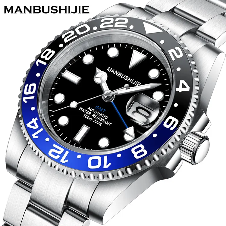 MANBUSHIJIE Luxury Men Reloj Genuine Sapphire Glass 904L Stainless Steel GMT Luminous Dive Automatic Custom Mechanical Watches