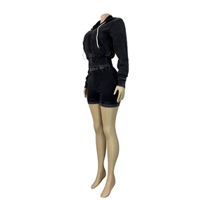 PEEQI HR26081 Completo Sportivo da Donna alla Moda Primaverile, Felpa con Cappuccio e Zip Effetto Lavato, Pantaloncini, Set Due Pezzi, Nuova <span class=keywords><strong>Tuta</strong></span> da Ginnastica - Product Image 4