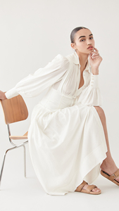 Robe blanche décontractée élégante col col boutonné sur le devant corsage manches longues ballons à volants pour dames - Product Image 2