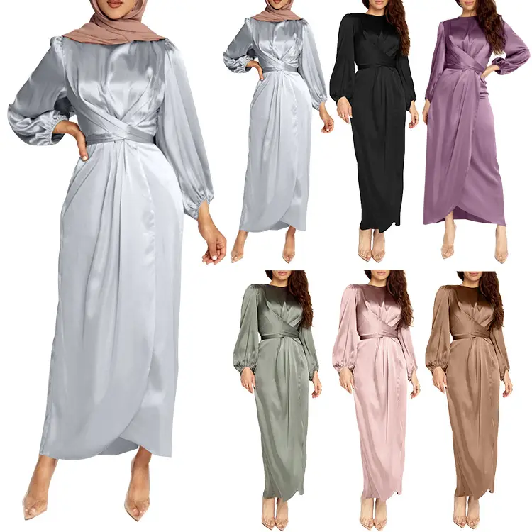 Wholesales Women Arab Muslim Satin Puff Long Sleeve Dress Solid Color Wrap Front Abaya Dubai Turkey Hijab Robe ethnic clothing