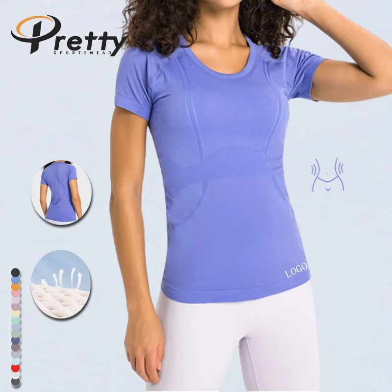 2024 camicie a girocollo da donna t-shirt a girocollo imbottitura per il seno da palestra a forma di ventilazione Yoga Top senza cuciture con motivo Jacquard