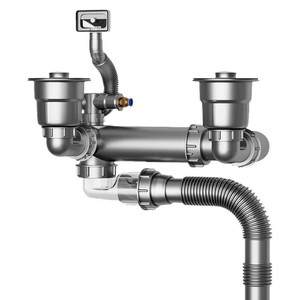 Ensemble d'évacuation pour évier de cuisine double Huixin 110 mm en acier inoxydable, anti-odeur, anti-insectes, avec tuyau d'évacuation arrière universel - Product Image 1