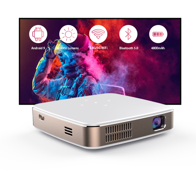 Portable S-90 DLP LED Projector Android 9 Built-in 5400mAh Battery Remote Control Dual-Band WIFI Phone Mirroring for Camping