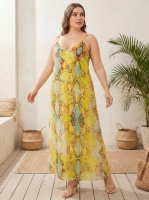 Robe longue grande taille pour femme à imprimé serpent jaune - Robe décontractée à fines bretelles pour l'été, la plage ou les vacances, idéale pour les silhouettes généreuses