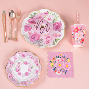 Assiettes et serviettes en papier florales de luxe, fournitures de fête, décoration florale rose pour baby shower, bridal shower, tea party, <span class=keywords><strong>anniversaire</strong></span> - Product Image 2