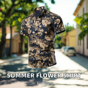 Nouvelle Collection Été : Chemise Formelle Homme à Col Mandarin 100% Coton Tricoté Anti-Plis Respirant à Bouton Unique Imprimé Floral Manches Courtes - Product Image 2