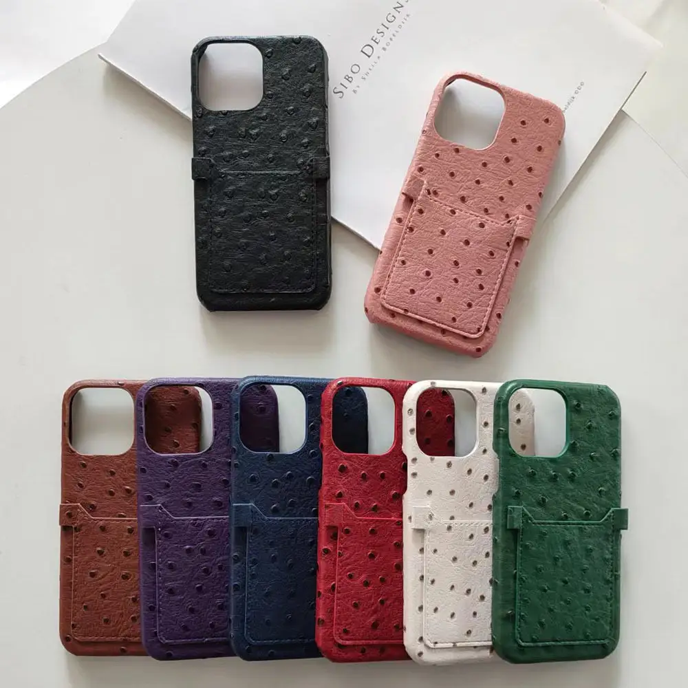 Designer Premium Ostrich Pattern Leather Cell Phone Cases With Sliding Credit Card Holder Slot For Iphone 14 Pro Max