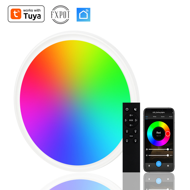 220V 24W Tuya Wifi RGB Smart LED Modern Style Ceiling Lamp AC Powered with App & Remote Control for Bedroom