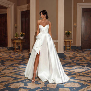 Abito da Sera Elegante e Sexy in Raso Bianco Puro, <span class=keywords><strong>Taglie</strong></span> <span class=keywords><strong>Forti</strong></span>, Spalle Scoperte, Vita Naturale, Lunghezza a Terra - Product Image 4