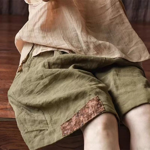 Casual Women's Cotton Linen Shorts High Waist Loose Flare Five Point Pants With Patchwork Design Breathable Summer Wear - Product Image 2