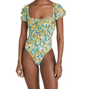 OEM women fashionable swimwear 2021 summer floral print smocking bubble sleeves one piece swimsuit