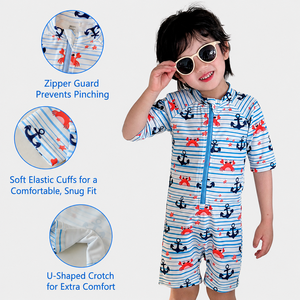 Costume da bagno per bambini a maniche corte con zip frontale, stampa fenicottero, ananas e anguria, stile divertente per l'estate, la piscina e la spiaggia - Product Image 2